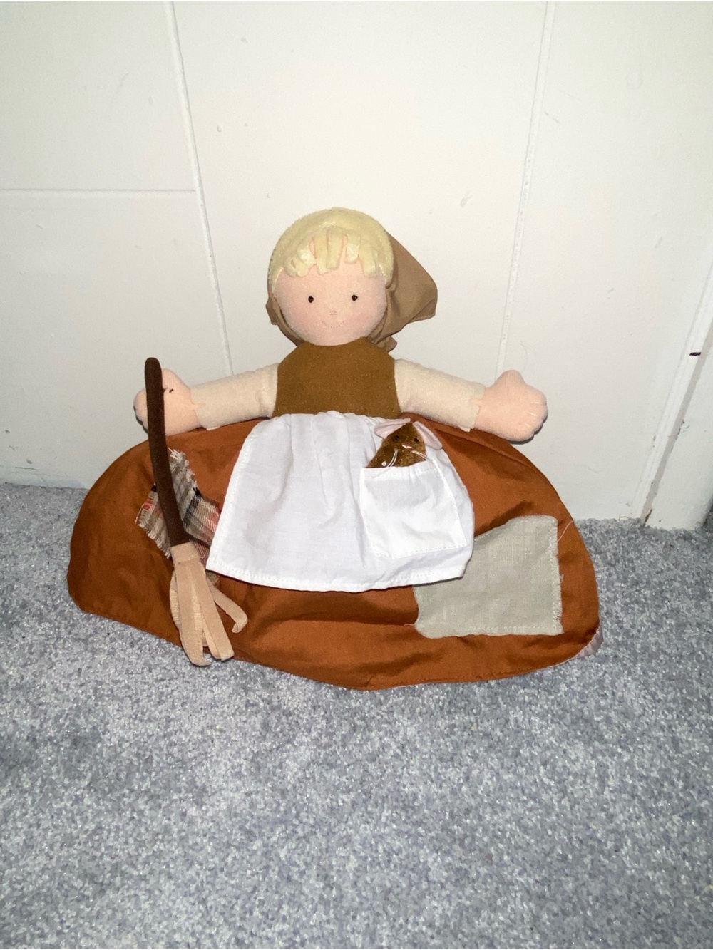 Handmade-Style Brown Cloth Doll with White Apron - Kids Toys